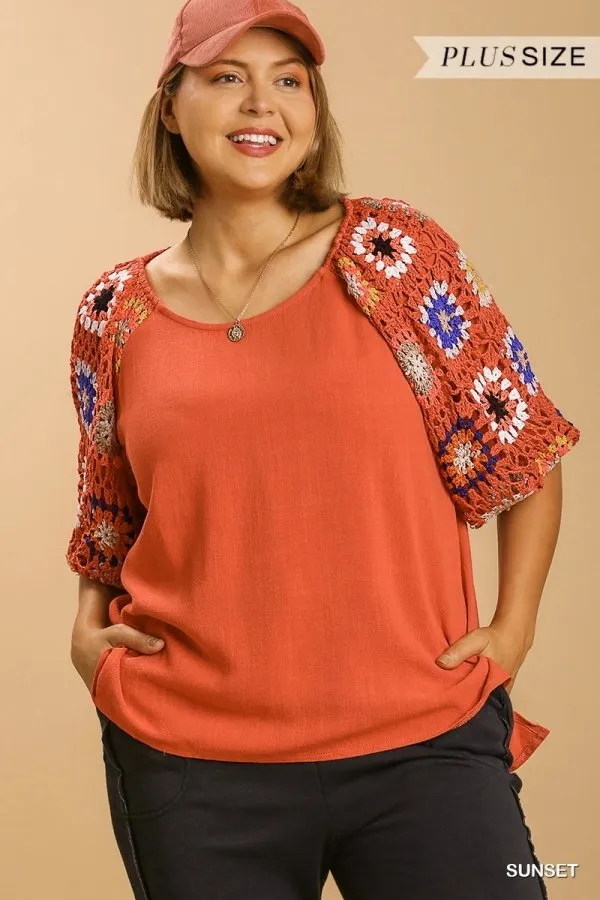 Linen blend 3/4 crochet sleeve top with lining