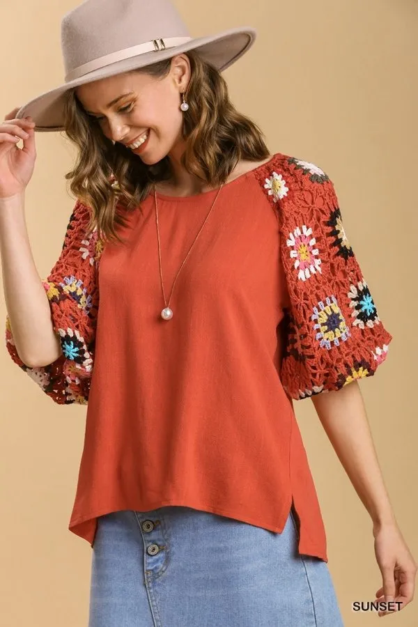 Linen blend 3/4 crochet sleeve top with lining