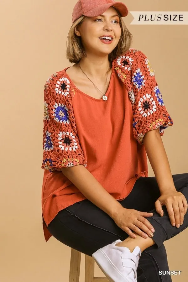 Linen blend 3/4 crochet sleeve top with lining