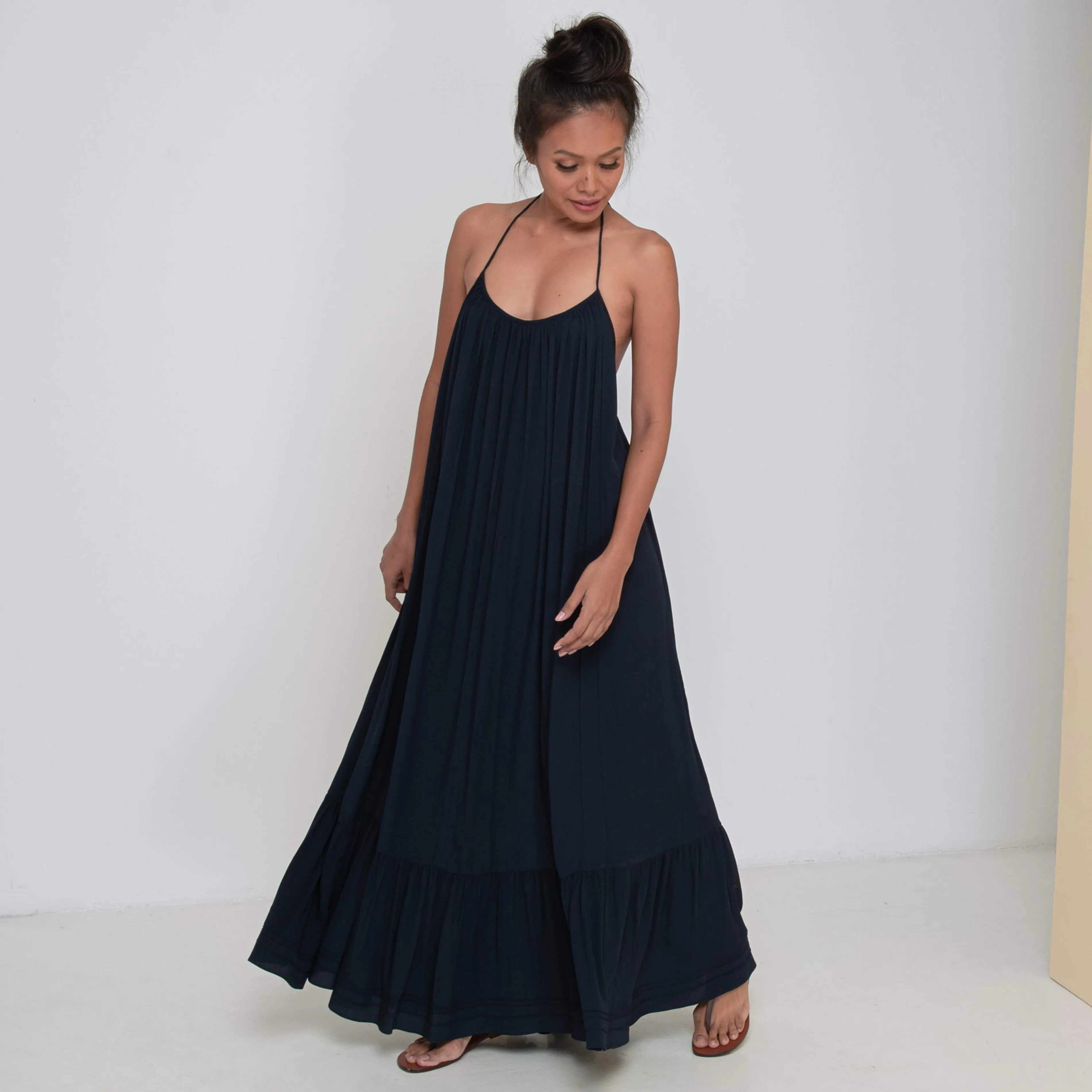 LONG BACKLESS RUFFLED DRESS - Rayon Fujette Crepe | Midnight Blue