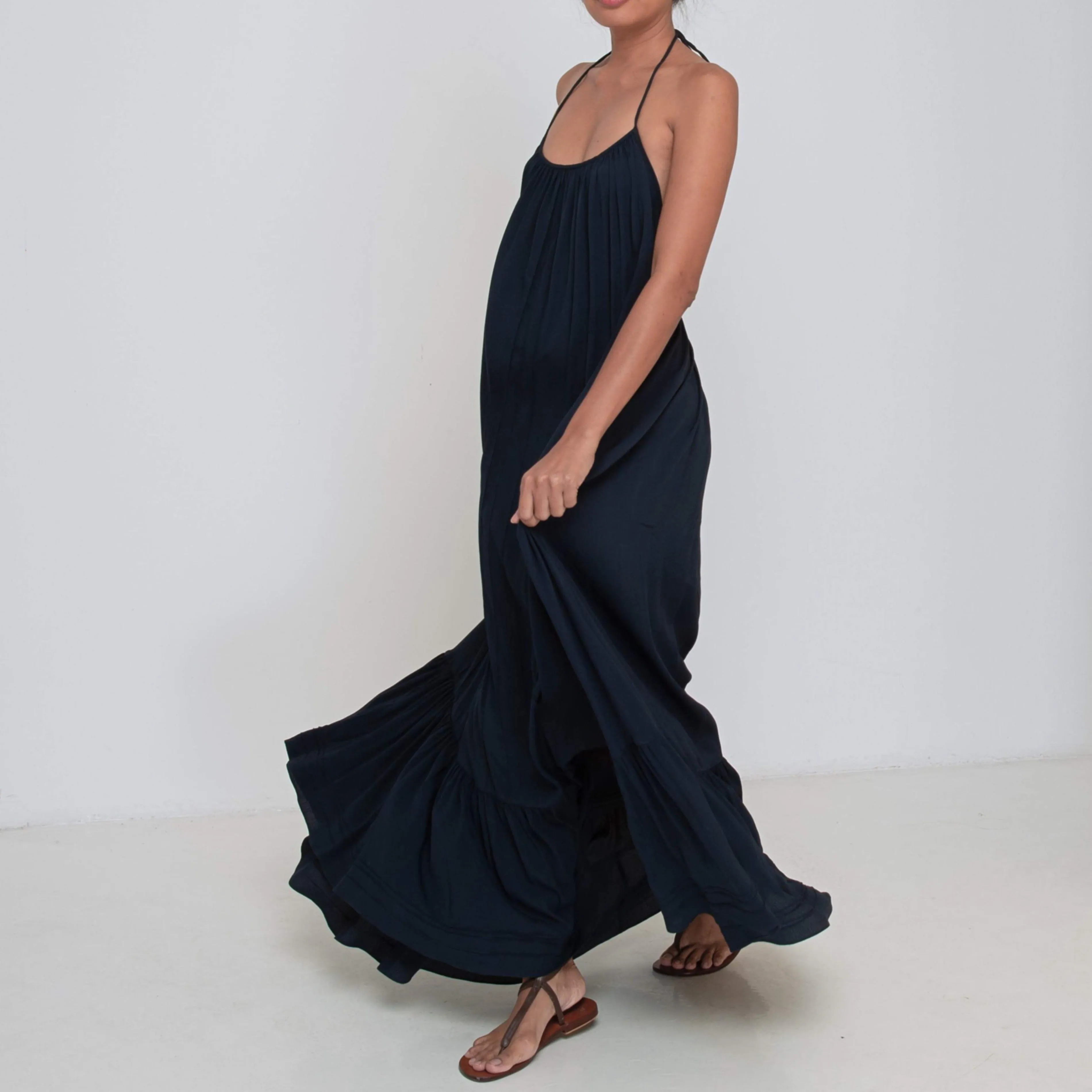 LONG BACKLESS RUFFLED DRESS - Rayon Fujette Crepe | Midnight Blue