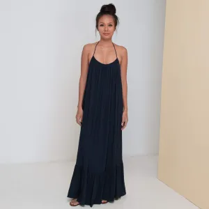 LONG BACKLESS RUFFLED DRESS - Rayon Fujette Crepe | Midnight Blue