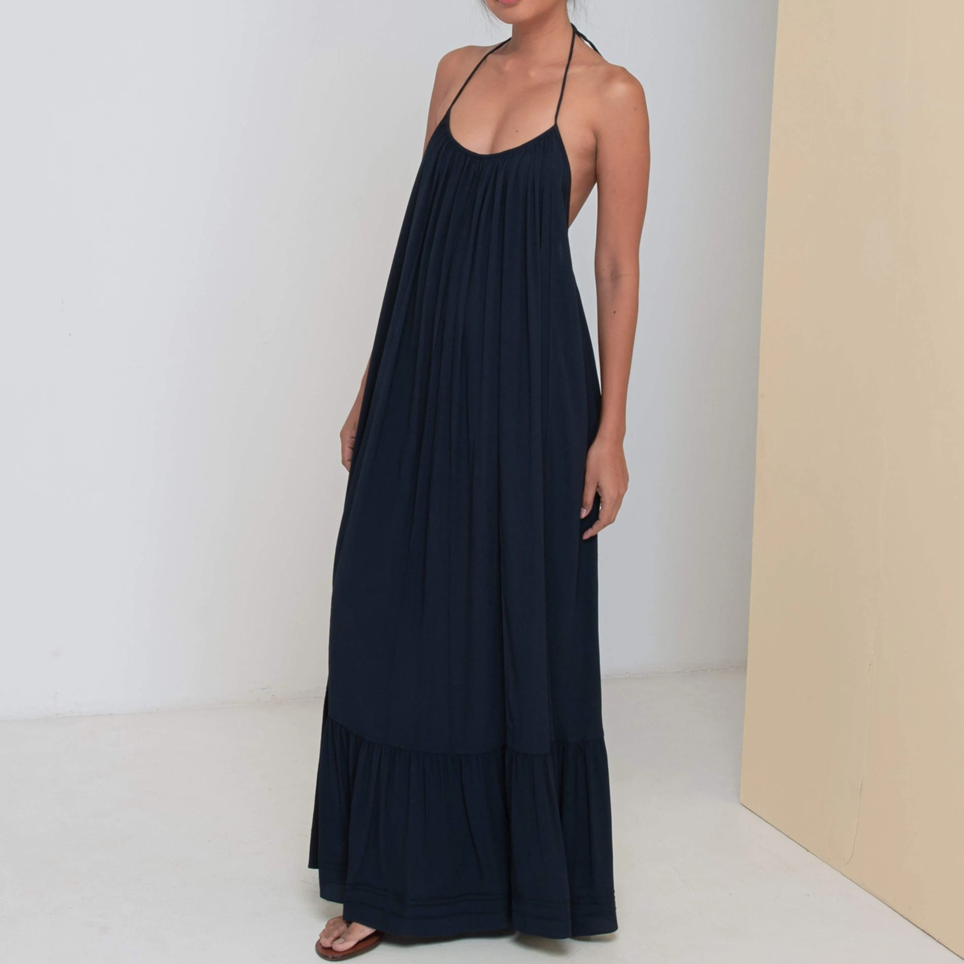 LONG BACKLESS RUFFLED DRESS - Rayon Fujette Crepe | Midnight Blue