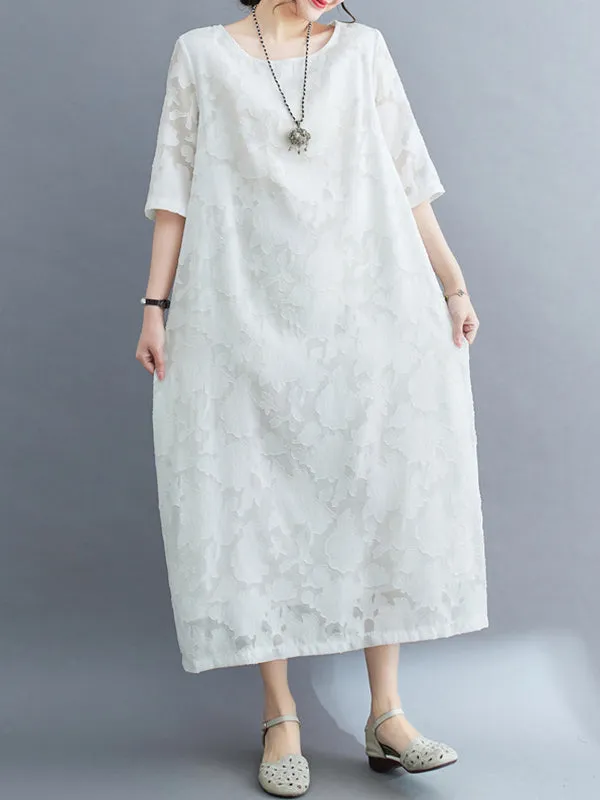 Loose Three-Quarter Sleeves Jacquard See-Through Solid Color Round-Neck Midi Dresses