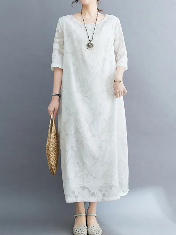 Loose Three-Quarter Sleeves Jacquard See-Through Solid Color Round-Neck Midi Dresses