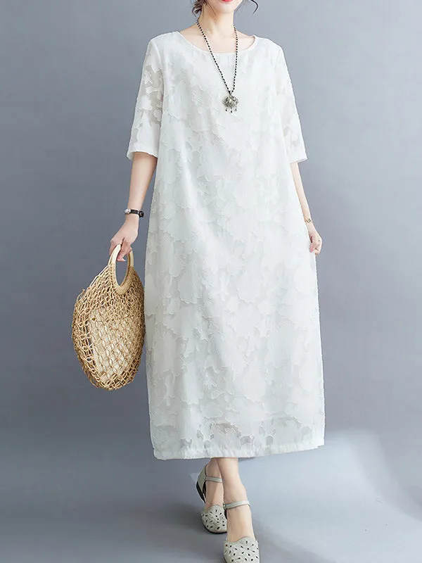 Loose Three-Quarter Sleeves Jacquard See-Through Solid Color Round-Neck Midi Dresses