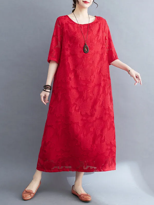 Loose Three-Quarter Sleeves Jacquard See-Through Solid Color Round-Neck Midi Dresses