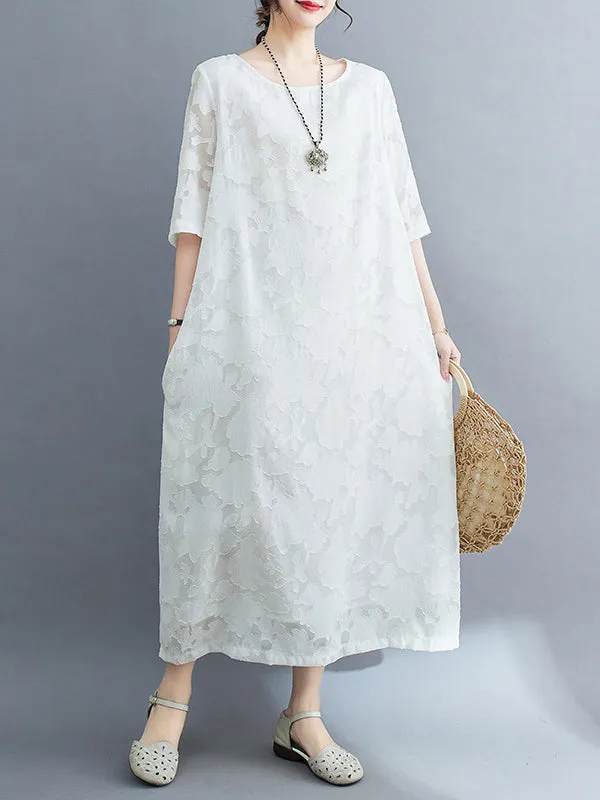 Loose Three-Quarter Sleeves Jacquard See-Through Solid Color Round-Neck Midi Dresses