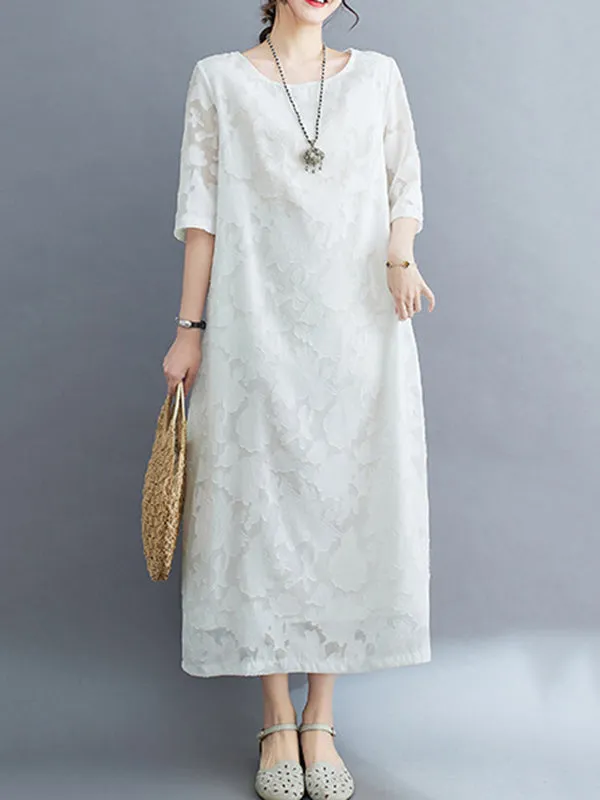 Loose Three-Quarter Sleeves Jacquard See-Through Solid Color Round-Neck Midi Dresses