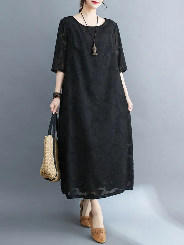 Loose Three-Quarter Sleeves Jacquard See-Through Solid Color Round-Neck Midi Dresses