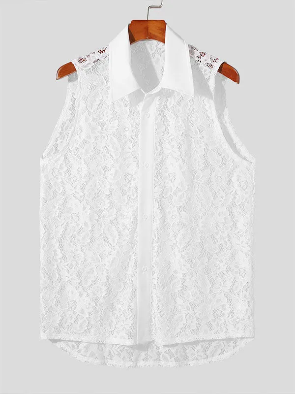 Mens Floral Lace See Through Sleeveless Shirt SKUK60428