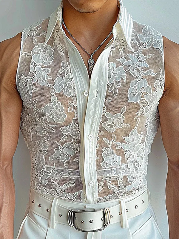 Mens Floral Lace See Through Sleeveless Shirt SKUK60428