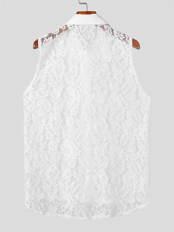 Mens Floral Lace See Through Sleeveless Shirt SKUK60428