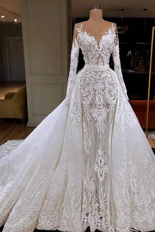 Mermaid Long Sleeve Lace Wedding Dress With Detachable Train