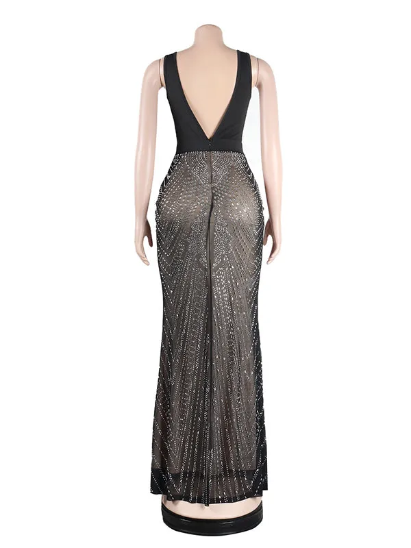 Momnfancy Black Backless See Through Rhinestone Grenadine Elegant Party Maternity Maxi Dress