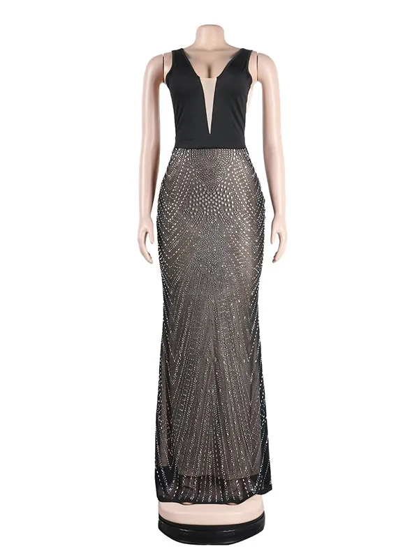 Momnfancy Black Backless See Through Rhinestone Grenadine Elegant Party Maternity Maxi Dress