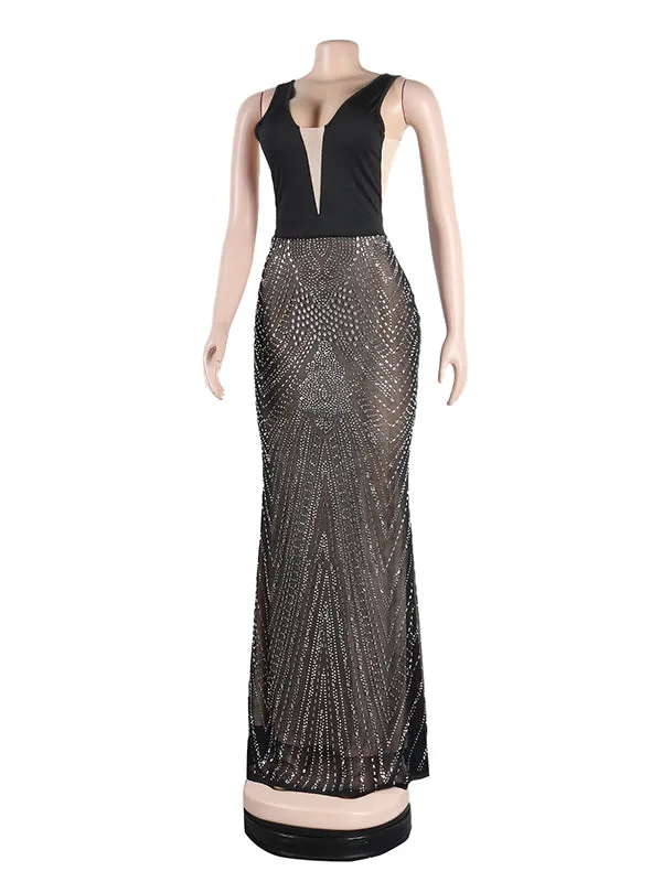 Momnfancy Black Backless See Through Rhinestone Grenadine Elegant Party Maternity Maxi Dress