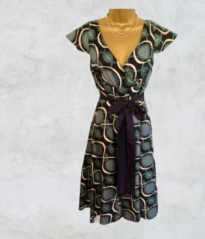 Monsoon Green Navy Patterned Tie Belt V Back/Front Midi Dress UK 10 US 6 EU 38