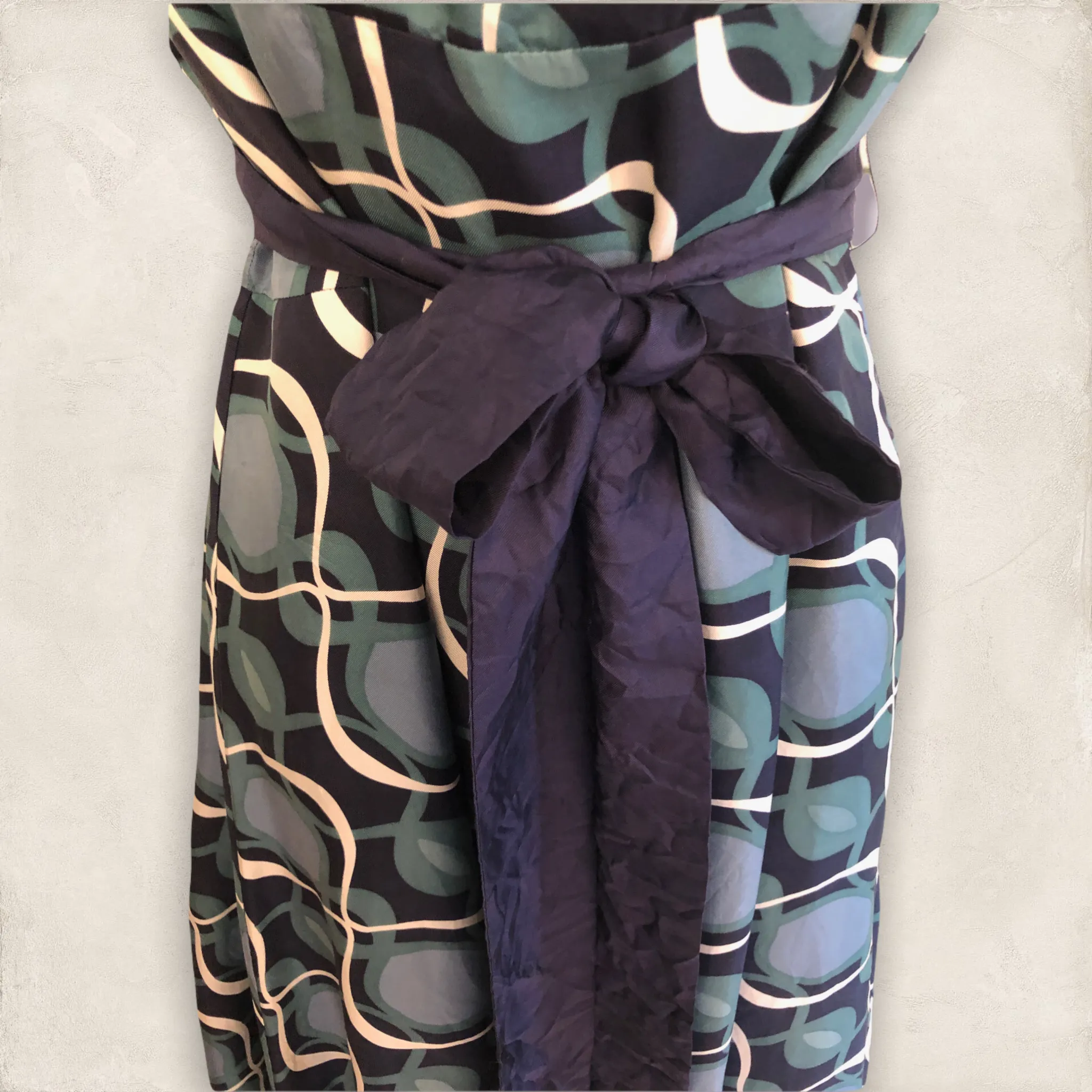 Monsoon Green Navy Patterned Tie Belt V Back/Front Midi Dress UK 10 US 6 EU 38