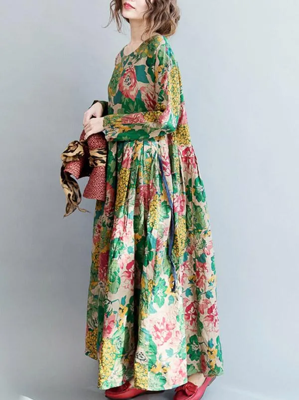 National Style Flower Printed Long Dress