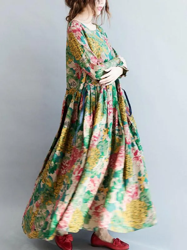 National Style Flower Printed Long Dress