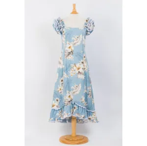 Navy Blue Hibiscus Print Ruffle Sleeve Dress