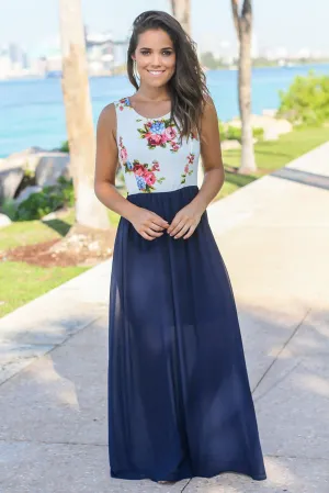 Navy Maxi Dress with White Floral Top