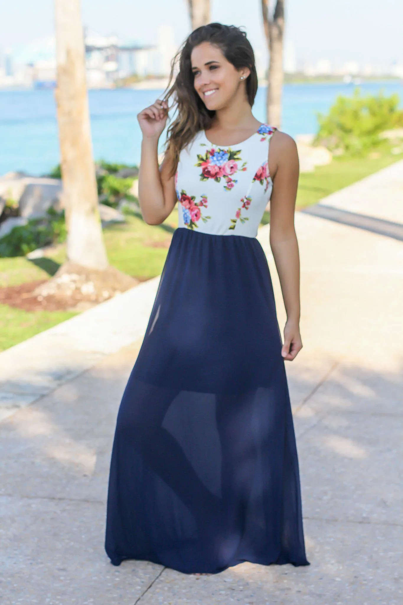 Navy Maxi Dress with White Floral Top