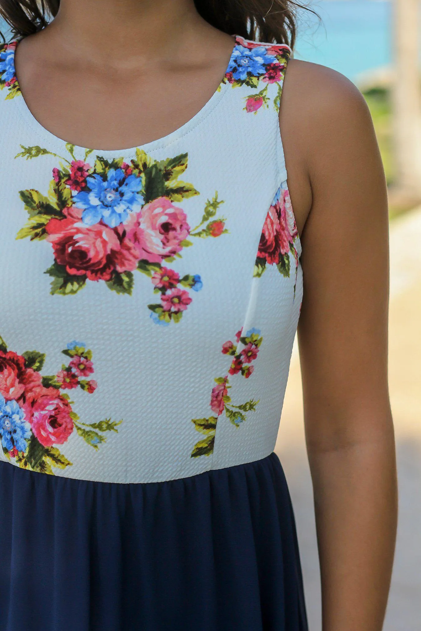 Navy Maxi Dress with White Floral Top