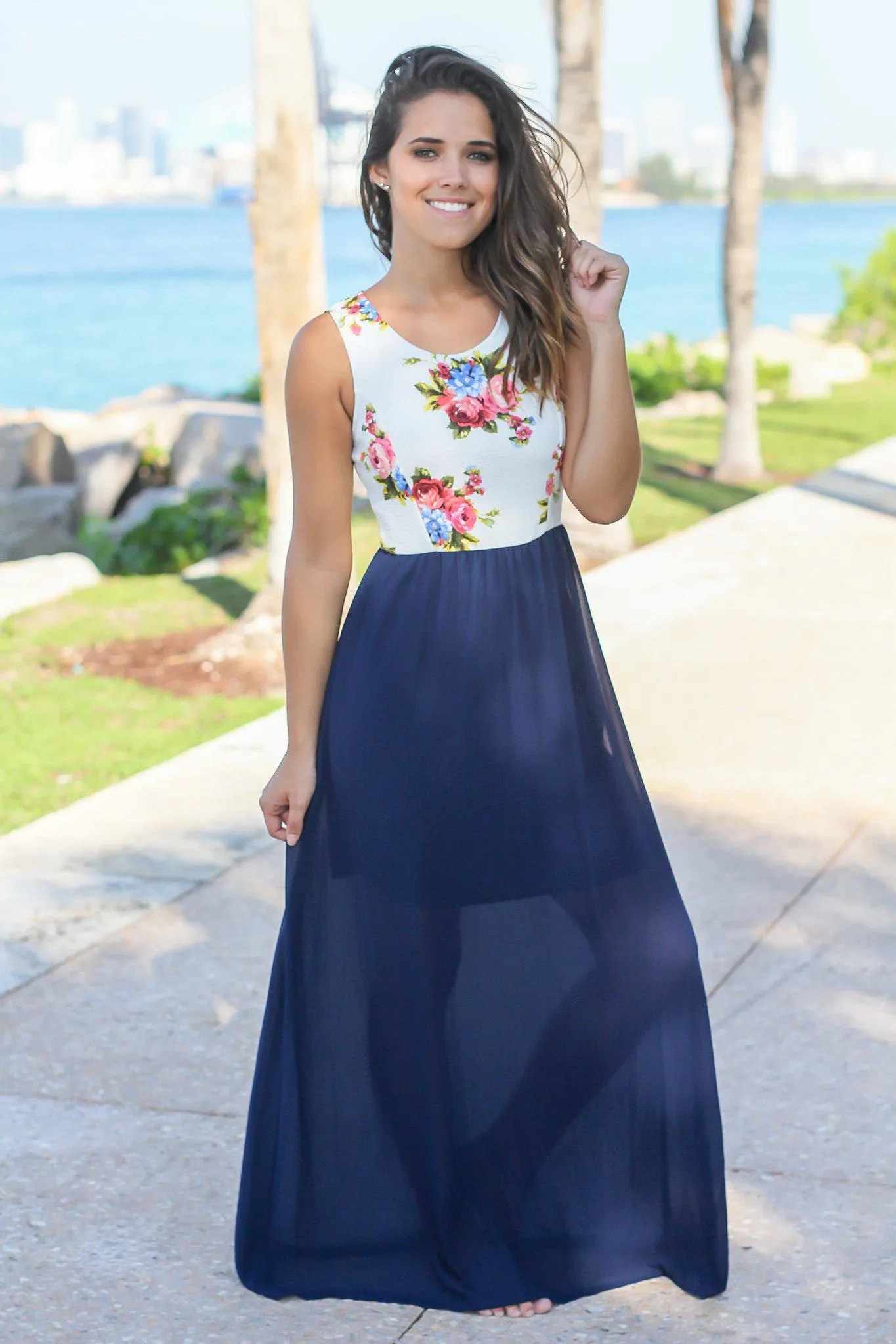 Navy Maxi Dress with White Floral Top