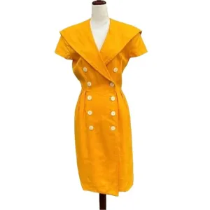 Nipon Boutique Vintage 60s Double Breasted Sailor Collar Women's Linen Midi Dress