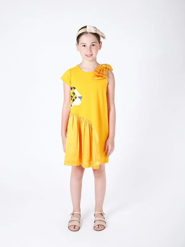 One Friday Kids Girls Yellow Animal Printed Dress With Bow