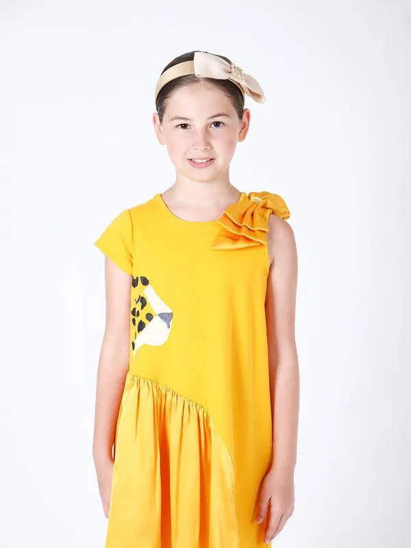 One Friday Kids Girls Yellow Animal Printed Dress With Bow