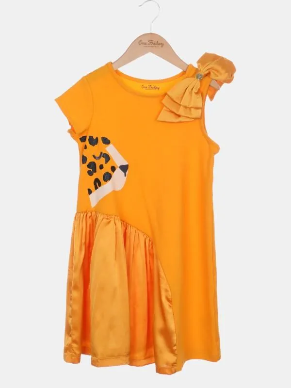 One Friday Kids Girls Yellow Animal Printed Dress With Bow