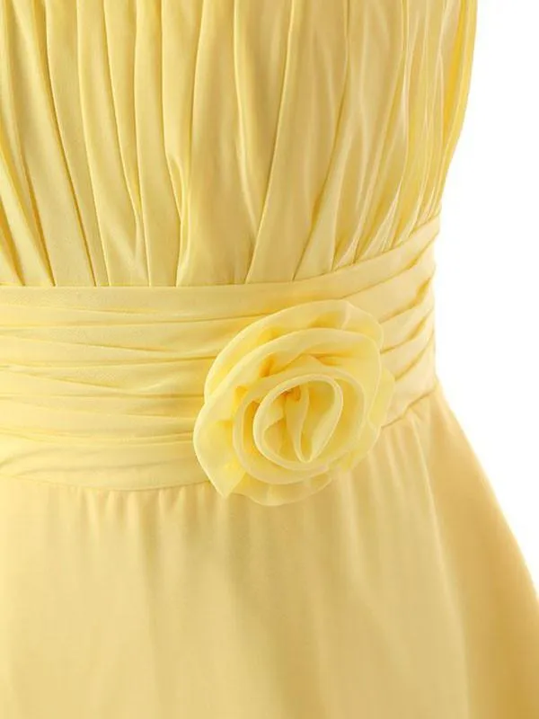 One Shoulder Floor Length Chiffon Yellow Bridesmaid Dress With Flower BD015