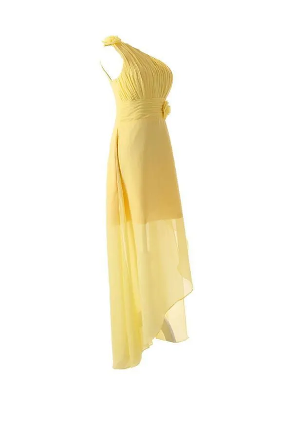 One Shoulder Floor Length Chiffon Yellow Bridesmaid Dress With Flower BD015