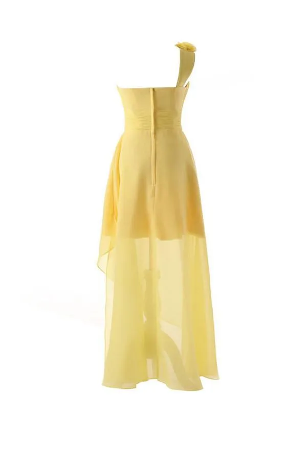 One Shoulder Floor Length Chiffon Yellow Bridesmaid Dress With Flower BD015