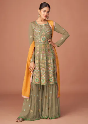 Pakistani Style Designer Moss Green Peplum Sharara Suit