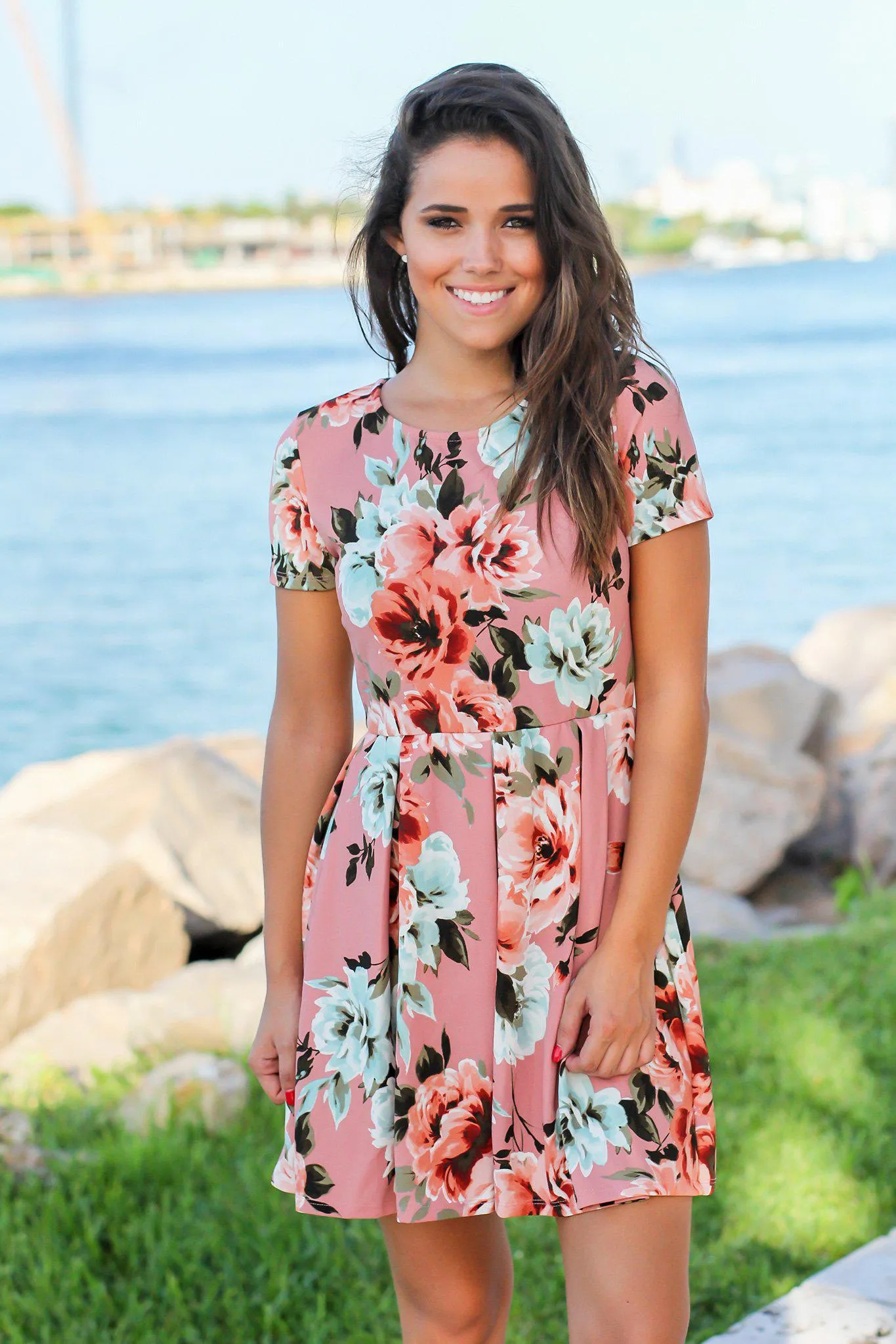 Pink Floral Short Dress with Pleats