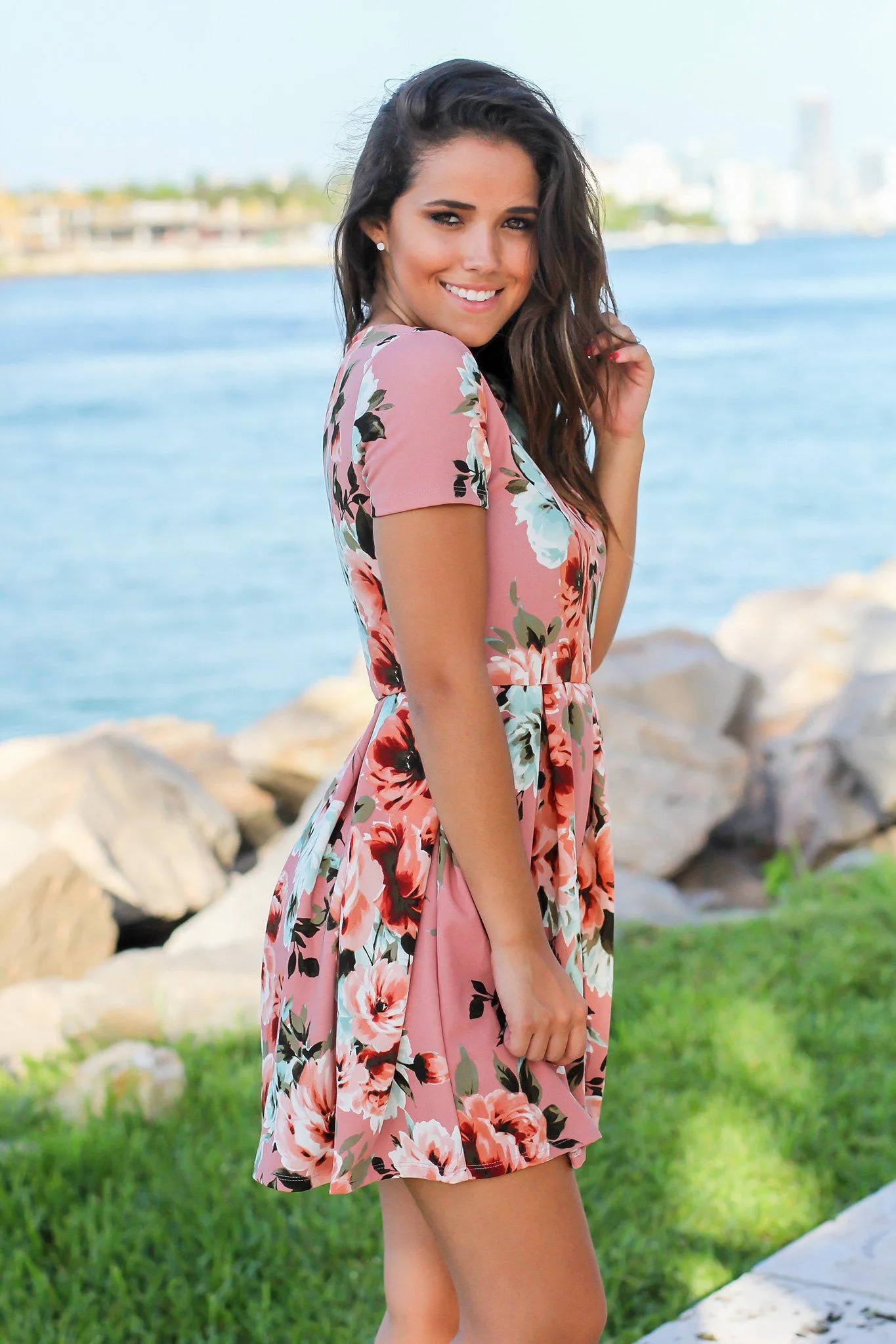 Pink Floral Short Dress with Pleats