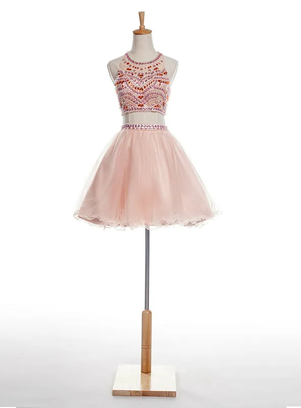 Pink Two Piece Halter Backless Tulle With Crystal Homecoming Dress