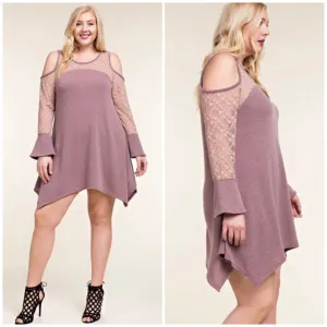 Plus Vocal Dress Cold Open Shoulder Mauve Lace Bell Long Sleeves Shark Bite