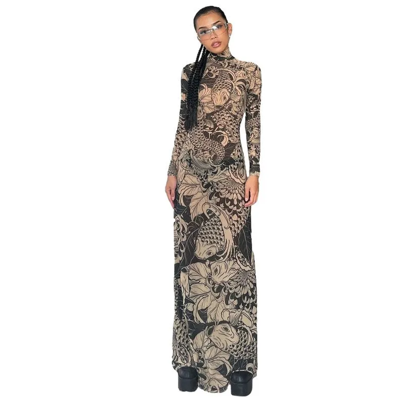 Print See-through Turtleneck Slim Fit Dress Mesh