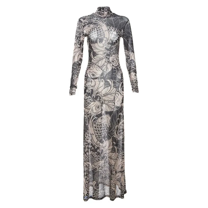 Print See-through Turtleneck Slim Fit Dress Mesh