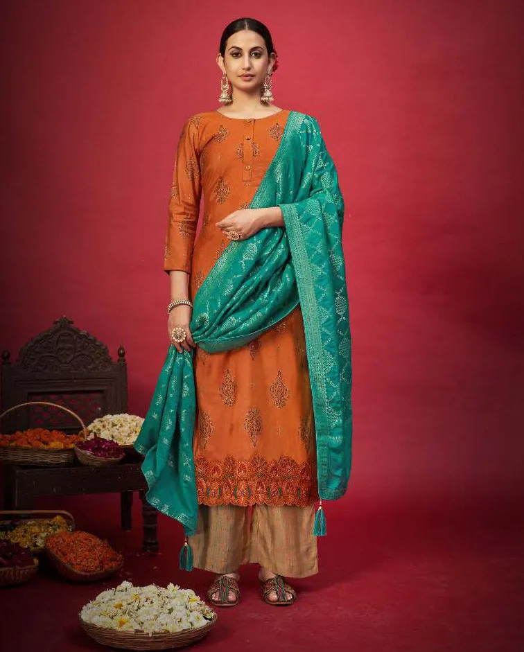 Pure Cotton Silk Unstitched Dress Material with Banarasi Dupatta