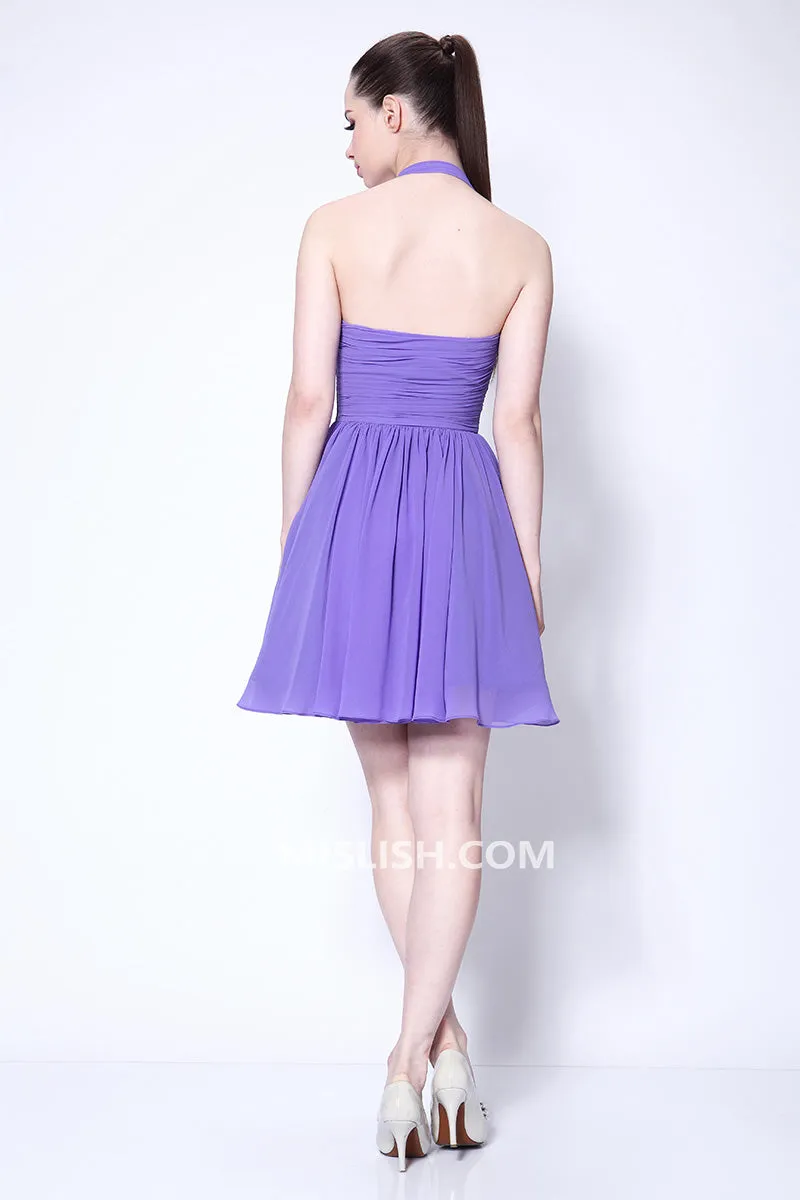 Purple Halter Shirred Backless Short Dress Homecoming Dress