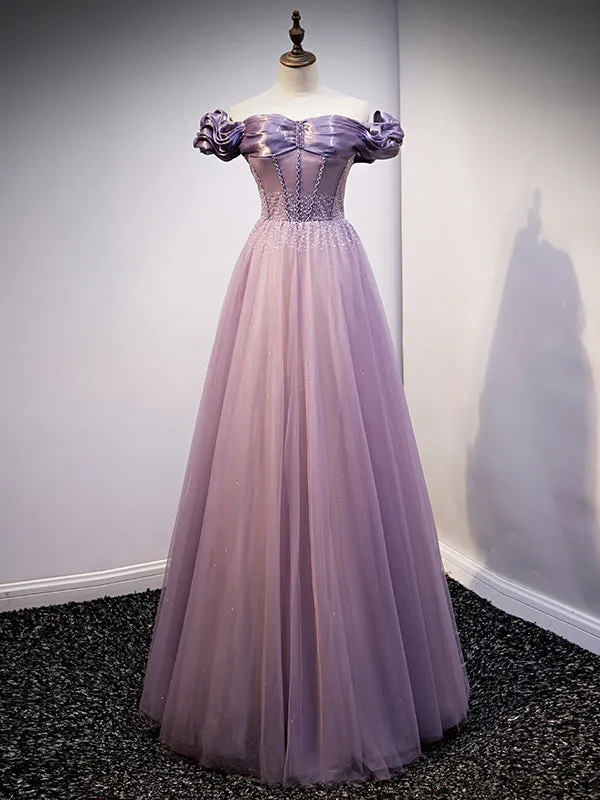 Purple Tulle Off the Shoulder Beading Sequins Prom Dress