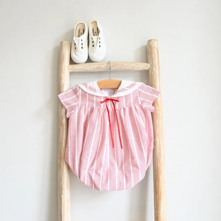 Red Stripes Linen Romper Sailor Style