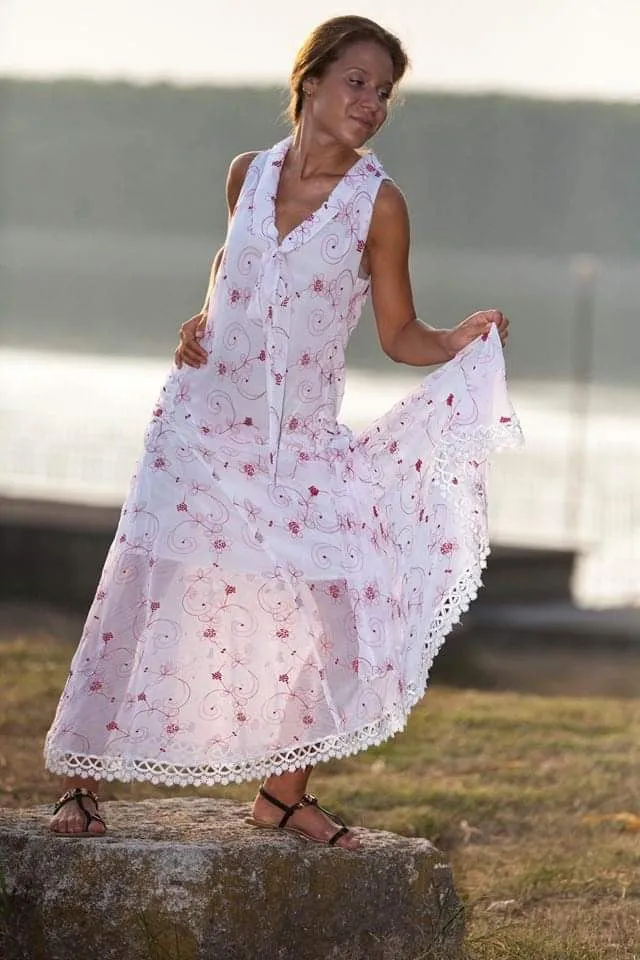 Romantic Embroidered Chiffon Drop Waist Long Dress