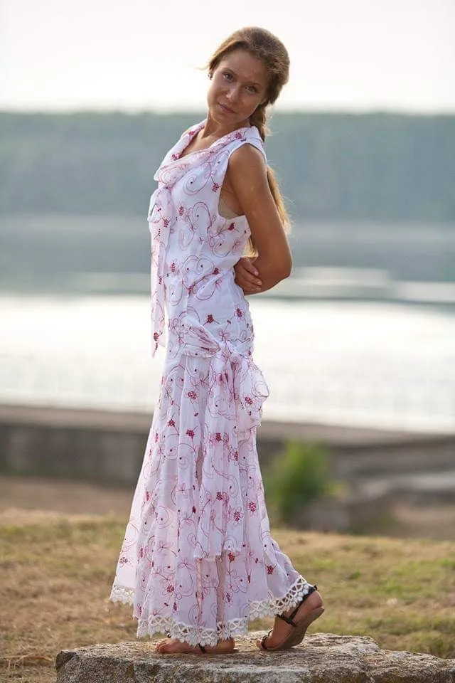 Romantic Embroidered Chiffon Drop Waist Long Dress